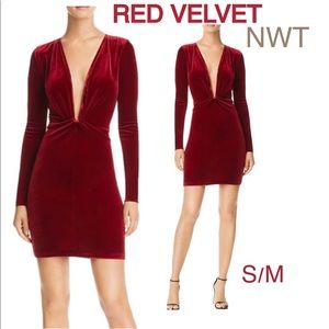 NWT burgundy velvet knot front mini long sleeves claret port wine plunge V (M)